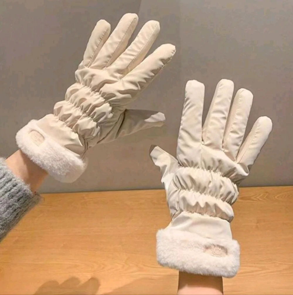 Cream Waterproof Touchscreen Fleece Lined Gloves with Faux Fur Cuff